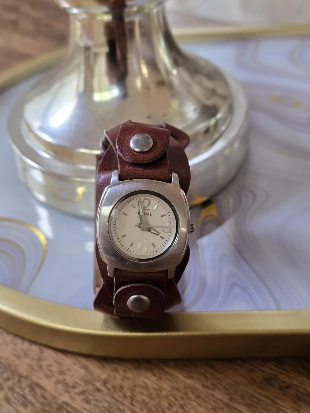 Fossil Brown Leather Cuff Watch with Silver Case and White Dial